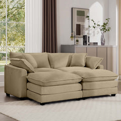 Corduroy Two-Seater Sofa with 2 Footrest, 2-Seater Sofa with Ottoman for Small Living Spaces, Tan Corduroy Sofa