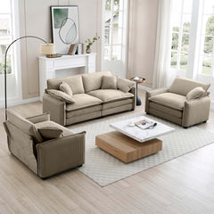 Luxurious and Sophisticated Sofa Set with Soft Cushions and Pillows, Sofa Set for Living Rooms and Clubs as well as Home Theaters, Consisting of Two Single Sofas and a 2-Seaters Sofas in Tan Corduroy
