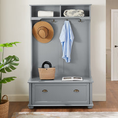 Modern Classic Hall Tree with Shoe Rack Bench and Coat Hooks for Hanging Storage, Entryway Bench with Open Shelves and Shoe Cabinets 40.16"W*18.58"D*64.17"H GRAY