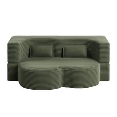 Modern Floor Sofa with 2 Pillows,Convertible Plush Corduroy Foam-Filled Sleeper Sofa Bed,15" Full Size Folding Mattress for Living Room,Guest Bed,no assembly required,Green