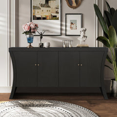 Refined Industrial 4-Door Credenza with Wooden Arc Legs & Bronze Clasps – Advanced Storage Design, Solid Craftsmanship, Black