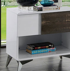 Modern Contemporary Style End Table White And Oak Finish Open Shelf Drawer Steel Legs Two Tone Design High Gloss Finish Wooden Panel Coffee Table-Not Include