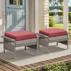 Outdoor PE Wicker Ottoman Set of 2, Patio Gray Rattan Footrests with Red Cushions for Backyard or Deck