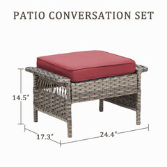 Outdoor PE Wicker Ottoman Set of 2, Patio Gray Rattan Footrests with Red Cushions for Backyard or Deck
