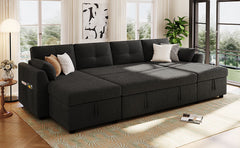 Modern Sectional Sofa U-shaped Sleeper Sofa 107" Sofa Bed with Ample Storage Space and USB ports for Living Room, Black