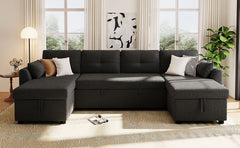 Modern Sectional Sofa U-shaped Sleeper Sofa 107" Sofa Bed with Ample Storage Space and USB ports for Living Room, Black
