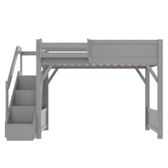 Twin Size Loft Bed with Built-in Wardrobe and Storage Space, Solid Wood Loft Bed with Beside Shelves, Full-length Guardrails and Stairs, No Box Spring Needed, Gray