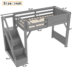 Twin Size Loft Bed with Built-in Wardrobe and Storage Space, Solid Wood Loft Bed with Beside Shelves, Full-length Guardrails and Stairs, No Box Spring Needed, Gray