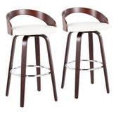 Grotto Mid-Century Modern Barstool with Swivel in Cherry with White Faux Leather by LumiSource - Set of 2