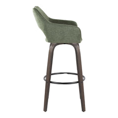 Mustang 30" Contemporary Fixed-Height Barstool with Swivel in Walnut Glazed Wood and Green Fabric with Round Black Metal Footrest by LumiSource - Set of 2
