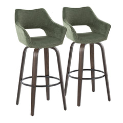 Mustang 30" Contemporary Fixed-Height Barstool with Swivel in Walnut Glazed Wood and Green Fabric with Round Black Metal Footrest by LumiSource - Set of 2