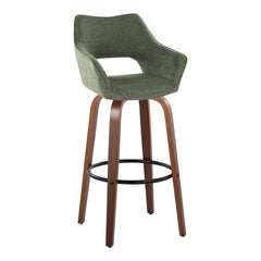 Mustang 30" Contemporary Fixed-Height Barstool with Swivel in Walnut Wood and Green Fabric with Round Black Metal Footrest by LumiSource - Set of 2
