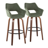 Mustang 30" Contemporary Fixed-Height Barstool with Swivel in Walnut Wood and Green Fabric with Round Black Metal Footrest by LumiSource - Set of 2