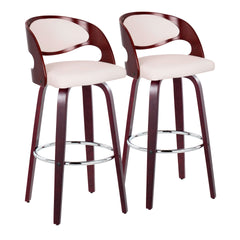 Pino 30" Mid-Century Modern Fixed-Height Barstool with Swivel in Cherry Wood and White Faux Leather with Round Chrome Metal Footrest by LumiSource - Set of 2