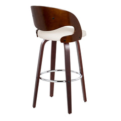 Pino 30" Mid-Century Modern Fixed-Height Barstool with Swivel in Cherry Wood and White Faux Leather with Round Chrome Metal Footrest by LumiSource - Set of 2