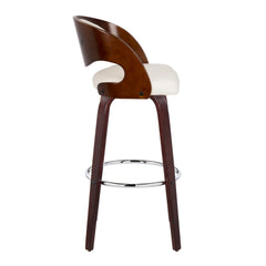 Pino 30" Mid-Century Modern Fixed-Height Barstool with Swivel in Cherry Wood and White Faux Leather with Round Chrome Metal Footrest by LumiSource - Set of 2