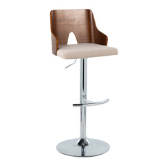 Ariana Mid-Century Modern Adjustable Barstool Stool with Swivel in Chrome Metal, Walnut Wood and Beige Fabric with Rounded "T" Footrest by LumiSource - Set of 2
