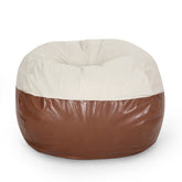 Maxi 5 Foot Two color Fabric and Faux Leather Rounded Bean Bag, Beige and Coffee Brown