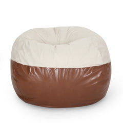 Maxi 5 Foot Two color Fabric and Faux Leather Rounded Bean Bag, Beige and Coffee Brown