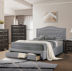 1pc California King Size Bed Light Gray Arched And Button Tufted Headboard Footboard Storage Bedroom Furniture