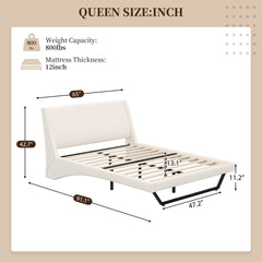 Queen Size Upholstered Bed Frame, Pu Leather Platform Bed with Wave-Like Curve Design and Trapezoidal-Shaped Leg, No Box Spring Needed, White