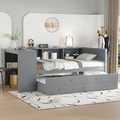 Twin Size Daybed with Trundle, Wood Day Bed Frame with Storage Drawers and Side Shelves, Daybed with Desk, No Spring Box Needed, Gray