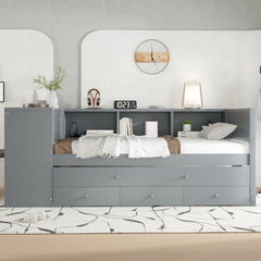 Twin Size Daybed with Trundle, Wood Day Bed Frame with Storage Drawers and Side Shelves, Daybed with Desk, No Spring Box Needed, Gray