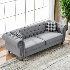 87"Chesterfield velvet upholstery fabric Sofa with Roll Armrest & Nailhead,Upholstered Mid Century Modern Couch,3 Seater Couch for Living Room, Office, Apartment, Grey