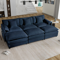 Oversized Deep Seat Sectional Cloud Sofa Sleeper with 3 Ottomans & Soft Pillows, Modular Couch Bed for Living Room, Apartment, DIY Combination Chenille,Blue