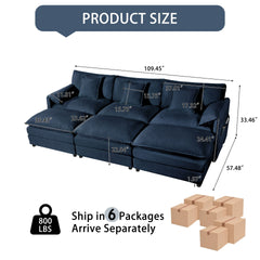 Oversized Deep Seat Sectional Cloud Sofa Sleeper with 3 Ottomans & Soft Pillows, Modular Couch Bed for Living Room, Apartment, DIY Combination Chenille,Blue