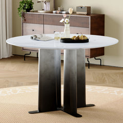 Round White Marble Pattern MDF Dining Table, Black & White Gradient Legs with Cross Base, Compact 2-4 Person Kitchen Table for Small Spaces Home Modern Dining Room Furniture
