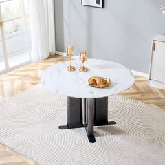 Round White Marble Pattern MDF Dining Table, Black & White Gradient Legs with Cross Base, Compact 2-4 Person Kitchen Table for Small Spaces Home Modern Dining Room Furniture