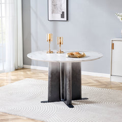 Round White Marble Pattern MDF Dining Table, Black & White Gradient Legs with Cross Base, Compact 2-4 Person Kitchen Table for Small Spaces Home Modern Dining Room Furniture