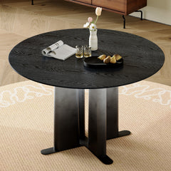Round Black Wood Grain MDF Dining Table, Black & White Gradient Legs with Cross Base, Compact 2-4 Person Kitchen Table for Small Spaces Modern Dining Room Furniture