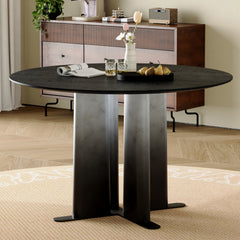 Round Black Wood Grain MDF Dining Table, Black & White Gradient Legs with Cross Base, Compact 2-4 Person Kitchen Table for Small Spaces Modern Dining Room Furniture