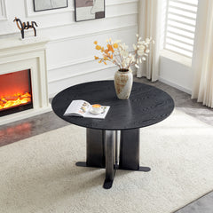 Round Black Wood Grain MDF Dining Table, Black & White Gradient Legs with Cross Base, Compact 2-4 Person Kitchen Table for Small Spaces Modern Dining Room Furniture