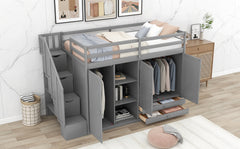 Functional Loft Bed with 3 Shelves, 2 Wardrobes and 2 Drawers, Ladder with Storage, No Box Spring Needed, Gray