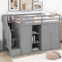 Functional Loft Bed with 3 Shelves, 2 Wardrobes and 2 Drawers, Ladder with Storage, No Box Spring Needed, Gray
