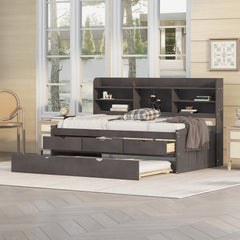 Twin Size Wooden Captain Bed with Built-in Bookshelves,Three Storage Drawers and Trundle,Antique Brown