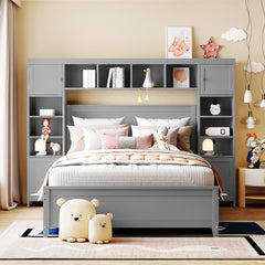 Full Size Wooden Bed With All-in-One Cabinet and Shelf, Gray