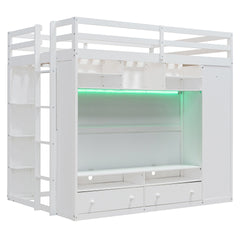 Full size Loft Bed with Drawers, Shelves and Light - White