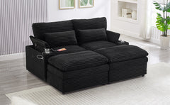 Loveseat Sofa 70.9" Free-combined Sectional Convertible Sofa Bed with Storage Space, Two Movable Ottomans, Four USB Ports and Two Cup Holders for Living Room, Black