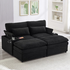 Loveseat Sofa 70.9" Free-combined Sectional Convertible Sofa Bed with Storage Space, Two Movable Ottomans, Four USB Ports and Two Cup Holders for Living Room, Black