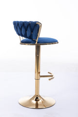 Set of 2 Bar Stools,with Chrome Footrest and Base Swivel Height Adjustable Mechanical Lifting Velvet + Golden Leg Simple Bar Stool-BLUE