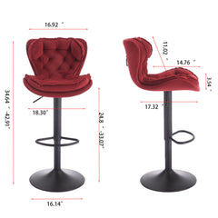 Set of 2 Bar Stools with powder Footrest and Base Swivel Height Adjustable Mechanical Lifting Velvet + powder Leg Simple Bar Stool-RED