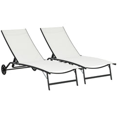 Outsunny Chaise Lounge Outdoor, 2 Piece Lounge Chair with Wheels, Tanning Chair with 5 Adjustable Positions for Patio, Beach, Yard, Pool, Cream White