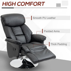 HOMCOM Manual Recliner Chair for Adults, Adjustable Swivel Recliner with Footrest, Padded Arms, PU Leather Upholstery and Steel Base for Living Room, Black