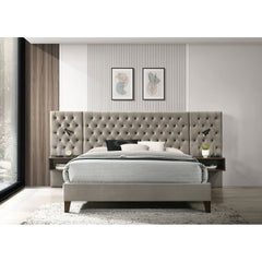 Kiah Light Brown Upholstered Queen Wall Panel Bed