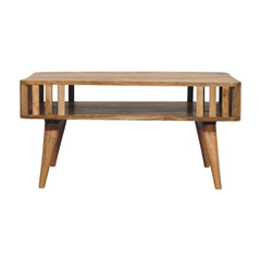 Solid Wood Slatted Oak-ish Coffee Table, Open Storage, Nordic Legs, Light Brown