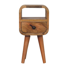 Solid Wood Extra Mini Oak-ish Curve Open Slot Nightstand, 1-Drawer, 1 Open Slot, Nordic Legs, Brown
